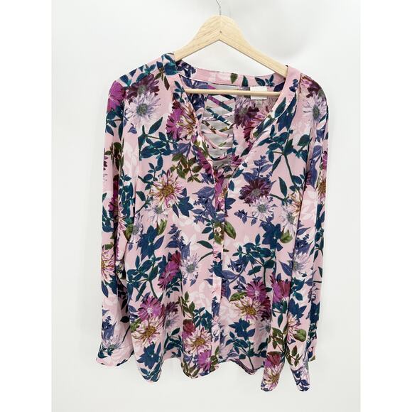Cupio Purple Floral Long Sleeve V-Neck Caged Back Top Women's Size X-Large XL - Picture 8 of 8